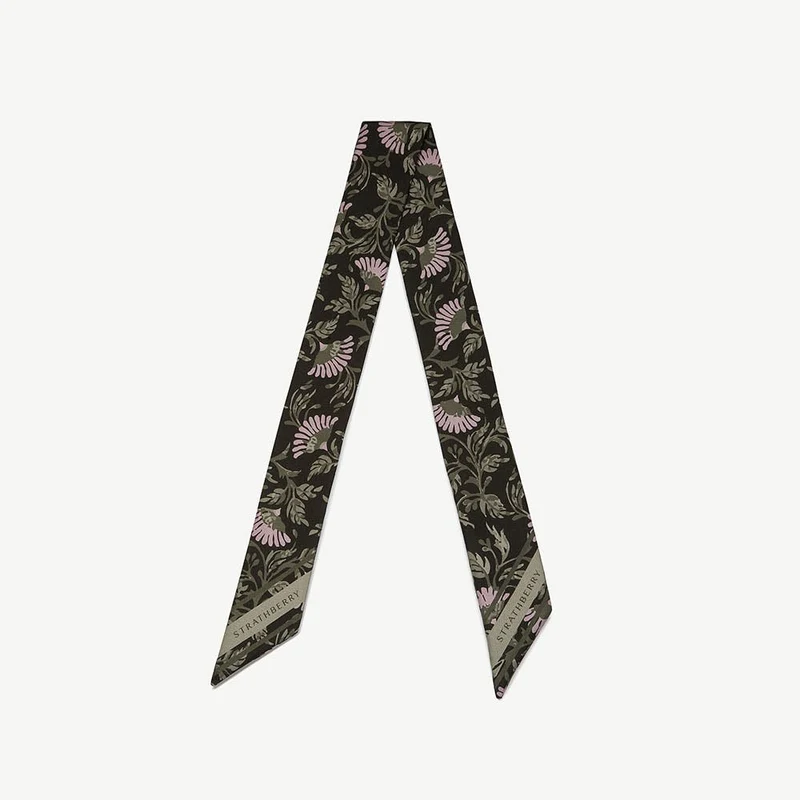 Silk Skinny Scarf - Dark Green Thistle Print