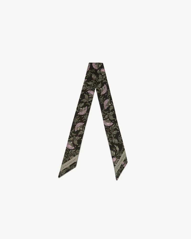 Silk Skinny Scarf - Dark Green Thistle Print