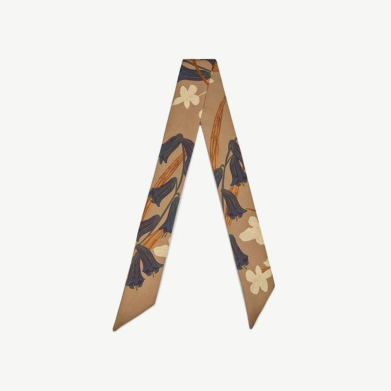 Silk Skinny Scarf - Cognac/Butter Bluebell Floral
