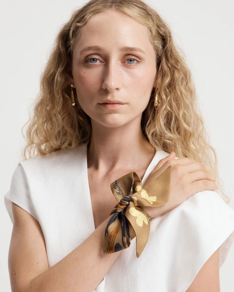 Silk Skinny Scarf - Cognac/Butter Bluebell Floral