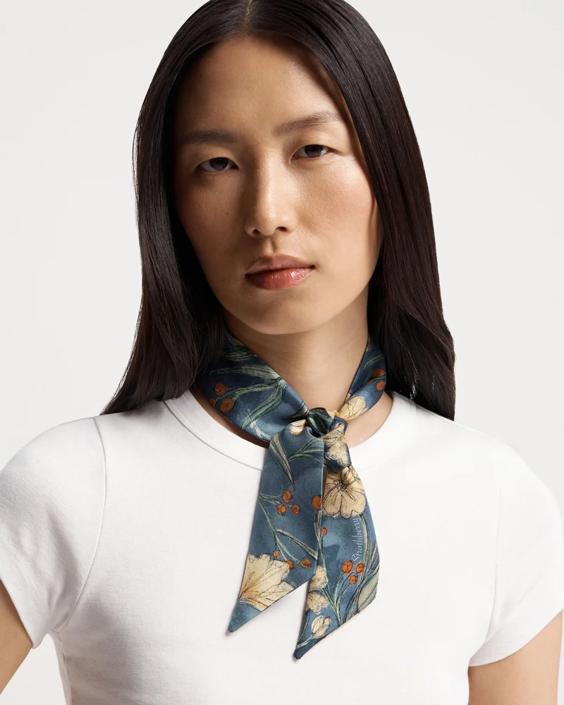 Silk Skinny Scarf - Loch Blue Flower Berry