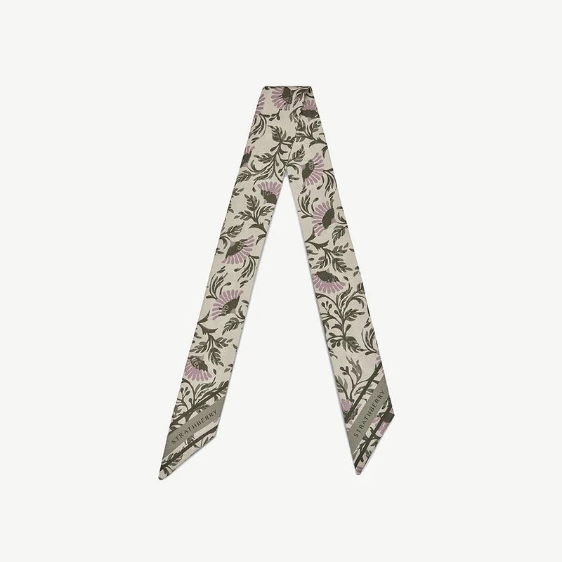 Silk Skinny Scarf - Vanilla/Green Thistle Print