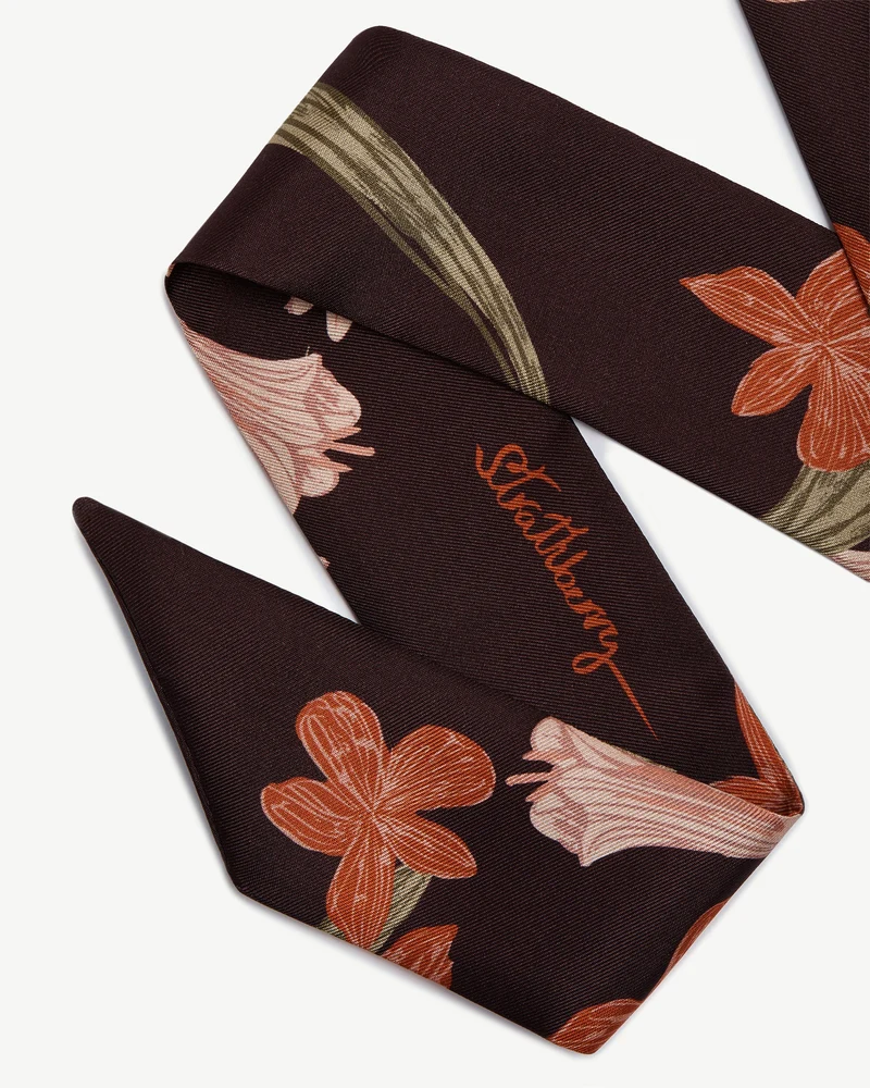Silk Skinny Scarf - Burgundy/Pink Bluebell Floral