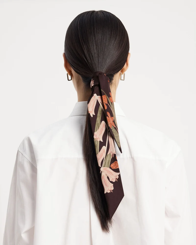 Silk Skinny Scarf - Burgundy/Pink Bluebell Floral