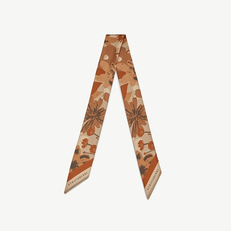 Silk Skinny Scarf - Caramel/Tan Block Floral