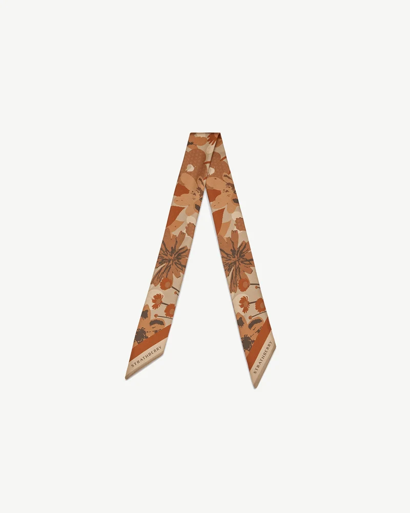 Silk Skinny Scarf - Caramel/Tan Block Floral