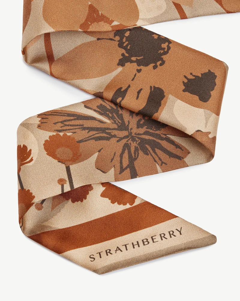 Silk Skinny Scarf - Caramel/Tan Block Floral