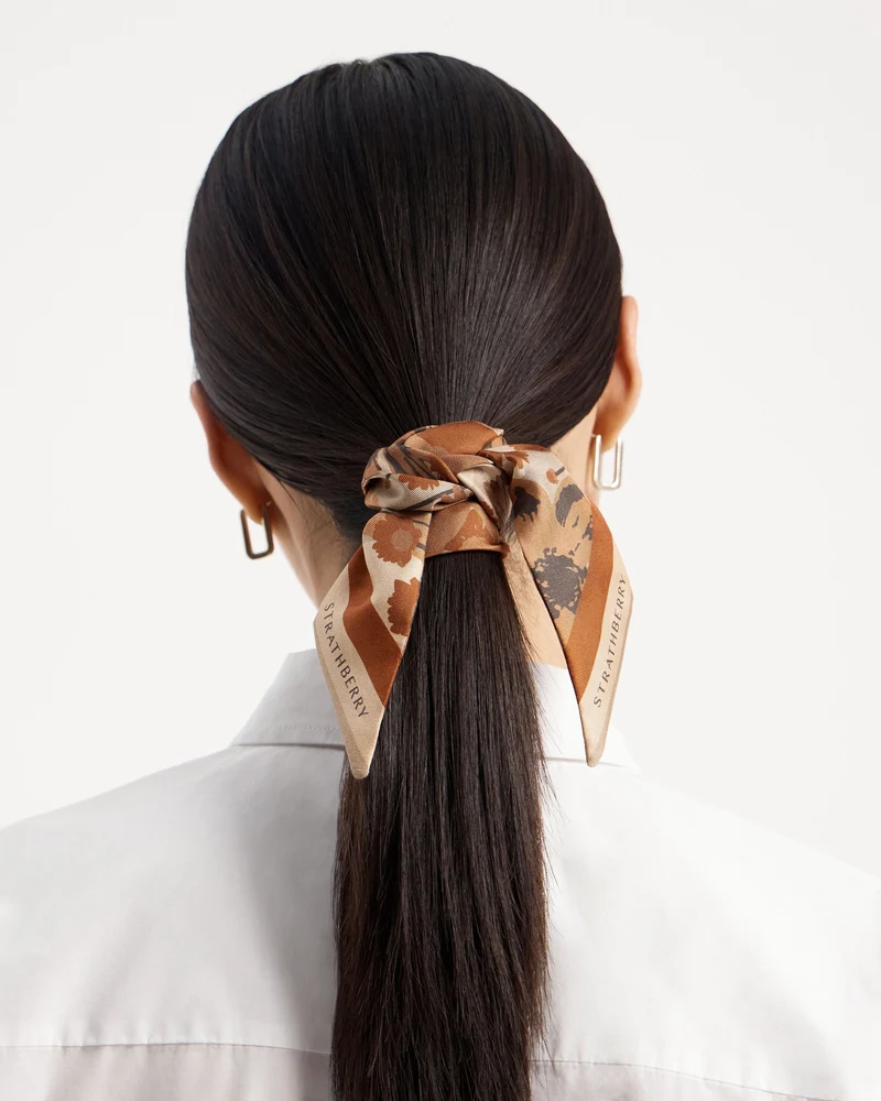 Silk Skinny Scarf - Caramel/Tan Block Floral