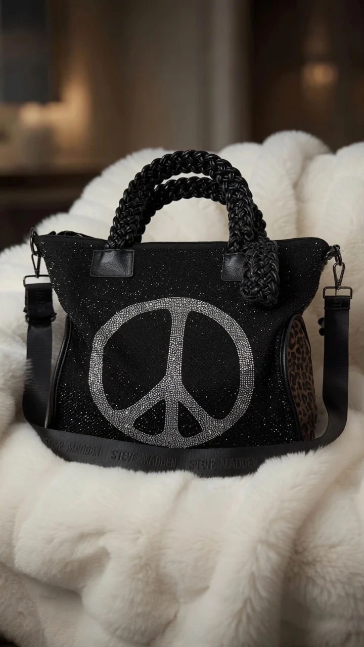 Stylische Canvas Tasche mit Echtleder Details Peace - schwarz- silber-leo mokka