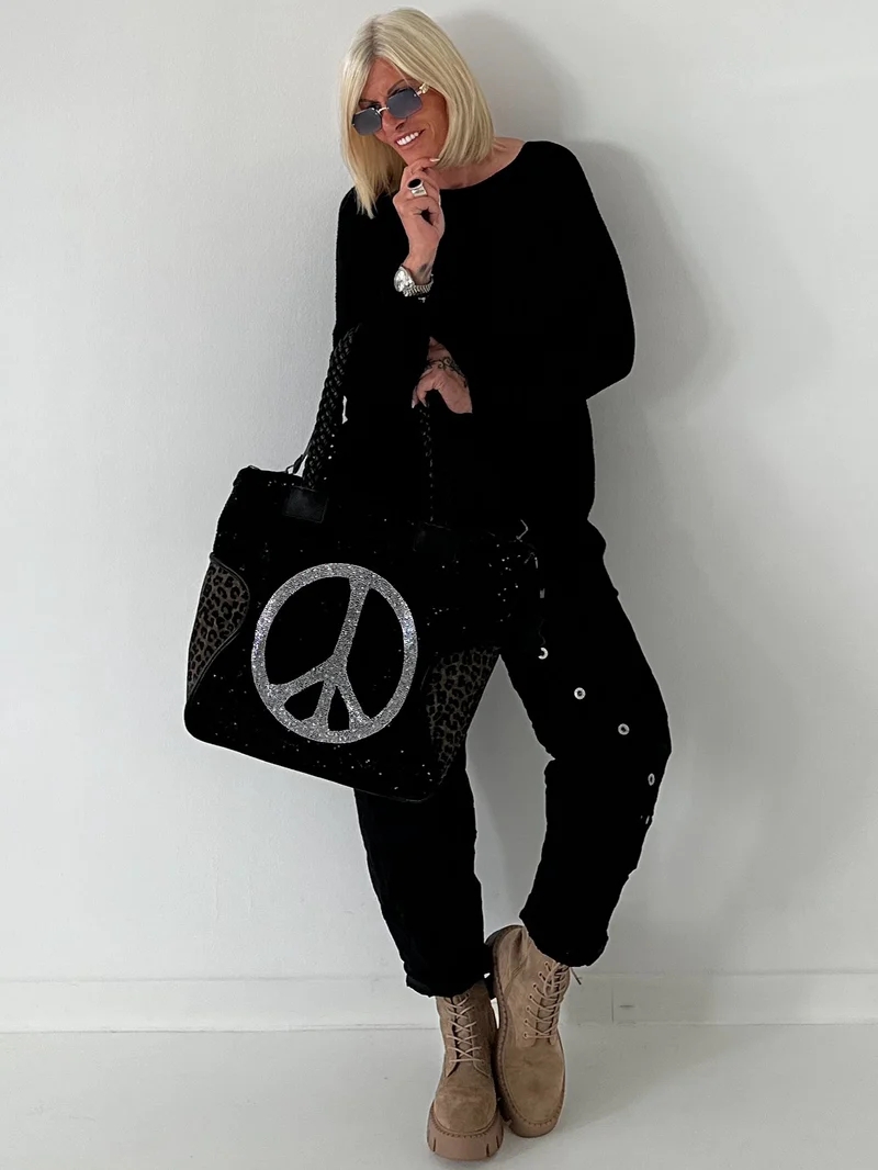 Stylische Canvas Tasche mit Echtleder Details Peace - schwarz- silber-leo mokka