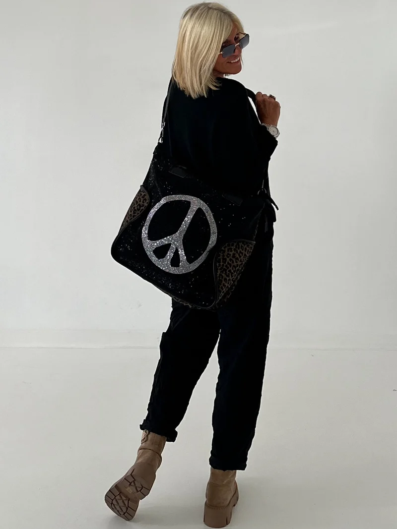 Stylische Canvas Tasche mit Echtleder Details Peace - schwarz- silber-leo mokka