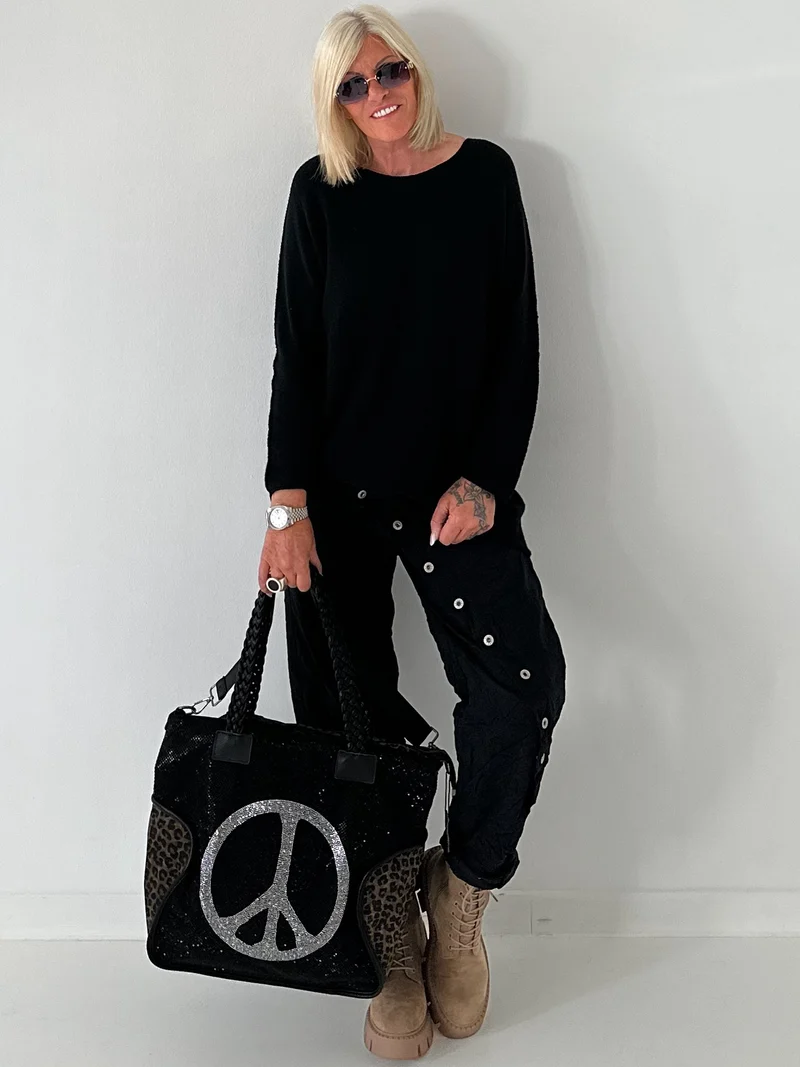 Stylische Canvas Tasche mit Echtleder Details Peace - schwarz- silber-leo mokka