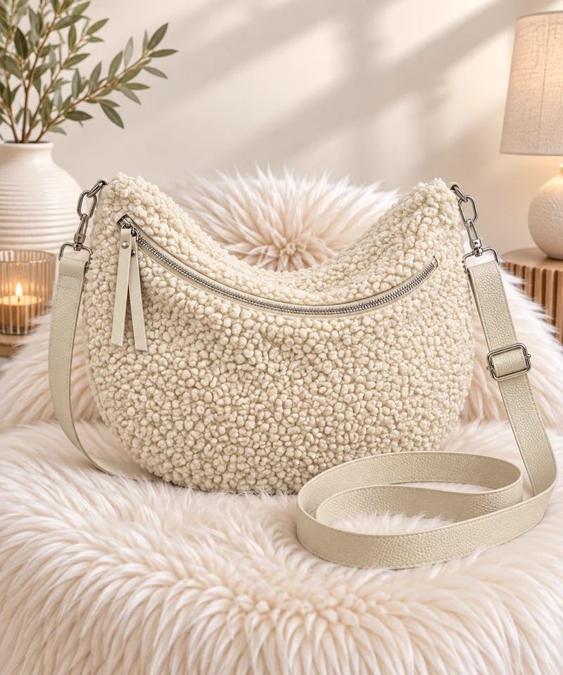 XXL Crossbody Bag in Teddy-Curl-Optik - beige