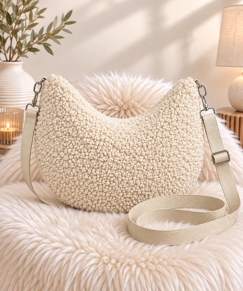 XXL Crossbody Bag in Teddy-Curl-Optik - beige