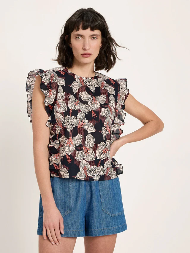 Blusenshirt mit Volant GOTS Print Bloom Onyx