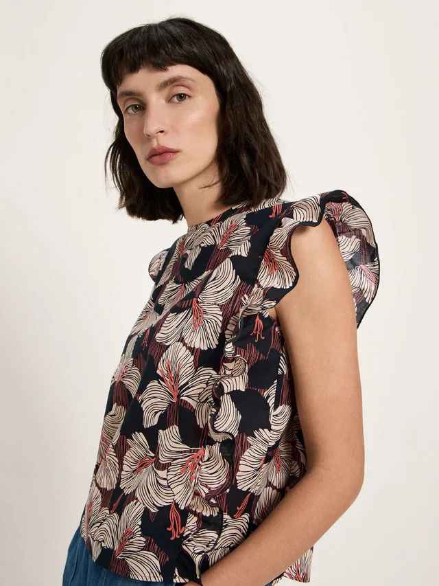 Blusenshirt mit Volant GOTS Print Bloom Onyx
