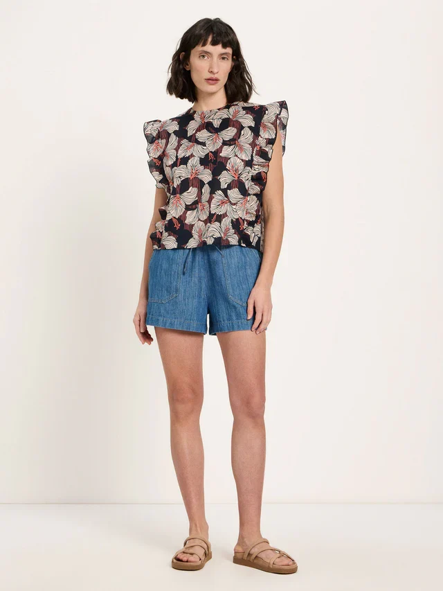 Blusenshirt mit Volant GOTS Print Bloom Onyx
