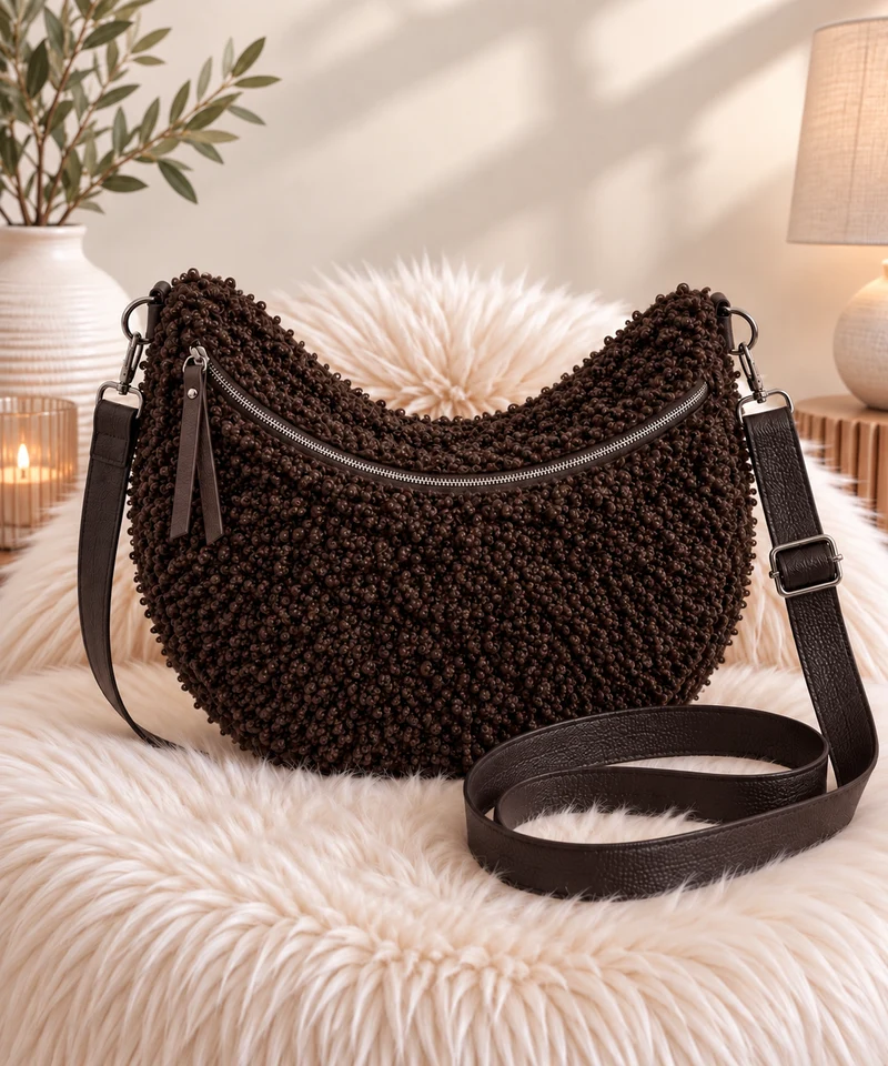XXL Crossbody Bag in Teddy-Curl-Optik - mokka