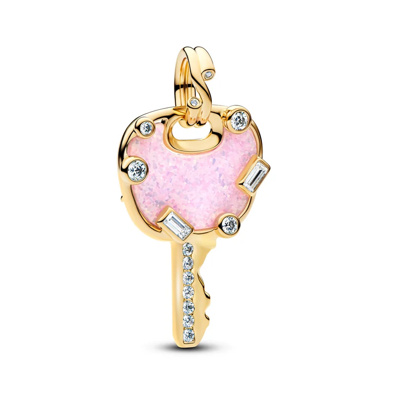 Pandora Moments Gold Plated Opal Pink Love Key Large Pendant Charm 764349C01