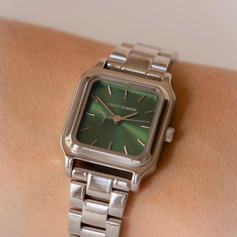 Violet Hamden Dawn Base Quadratische Damenuhr Silberfarben und Grün VH09035