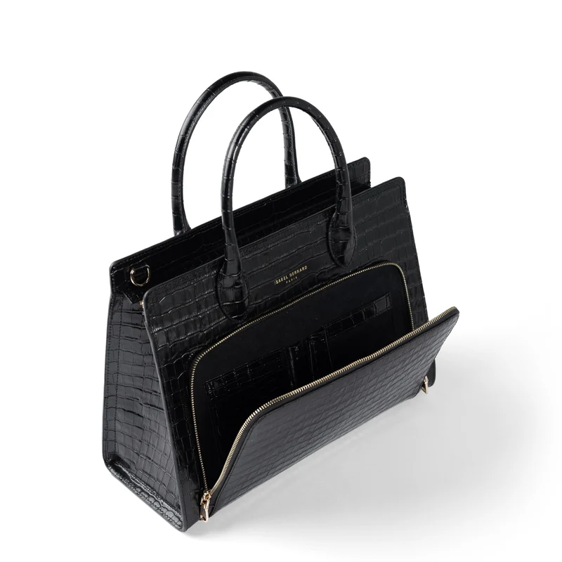 Isabel Bernard Honoré Nadine Kroko schwarze Handtasche aus Kalbsleder mit 13-Zoll-Laptopfach IB25110-201-13