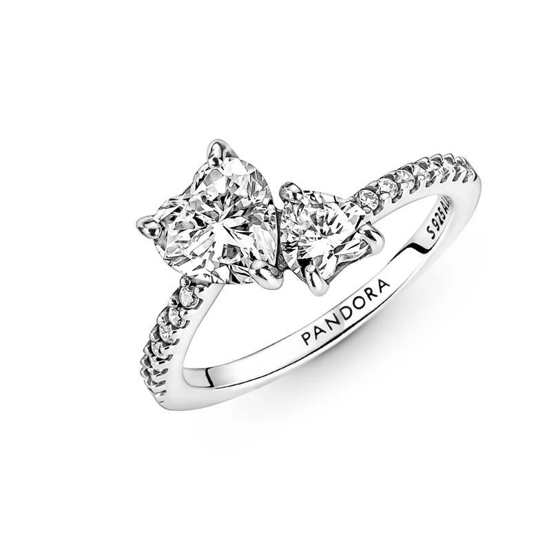 Pandora Timeless 925 Sterling Silver Double Heart Sparkling Ring 191198C01-52