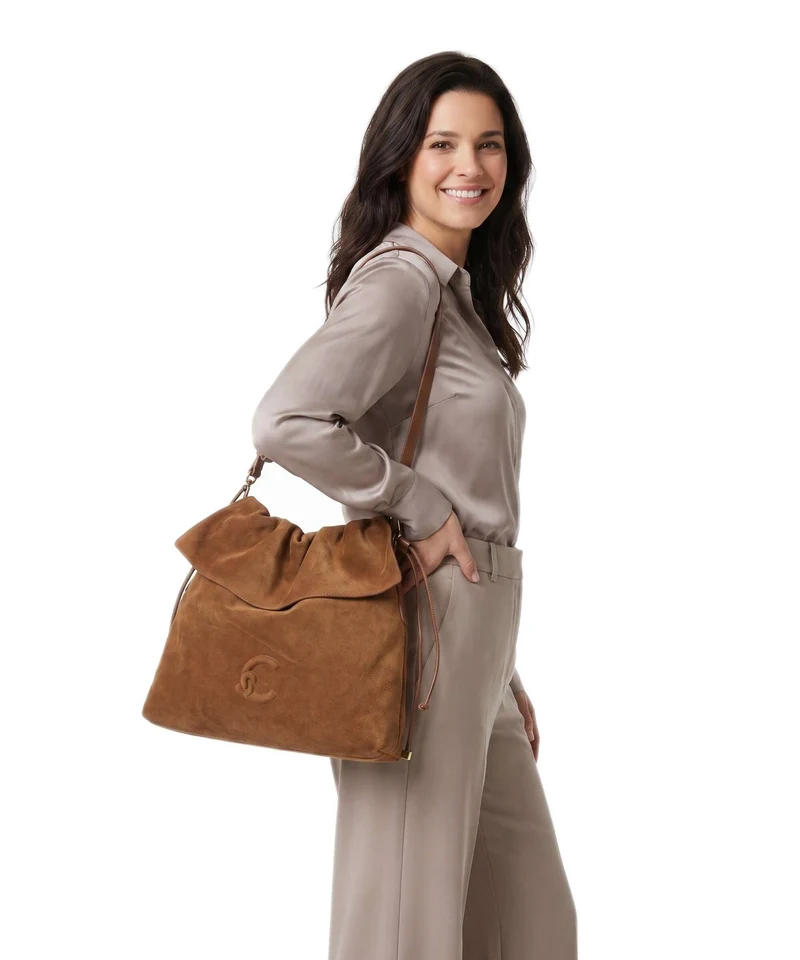 Coccinelle Lidia Suede Beuteltasche cognac