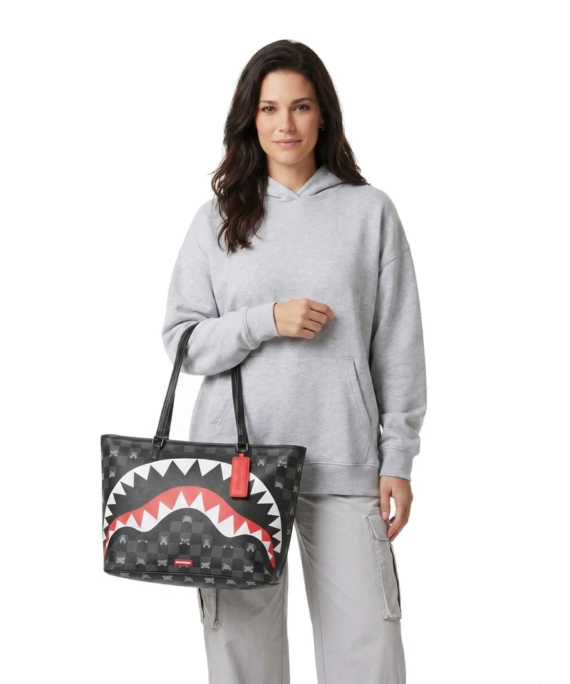 Sprayground Gray Peeking Character Check Shopper black