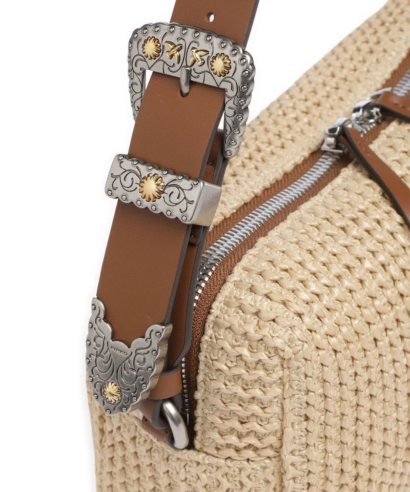 Pinko Schultertasche paglia/cuoio/old silver