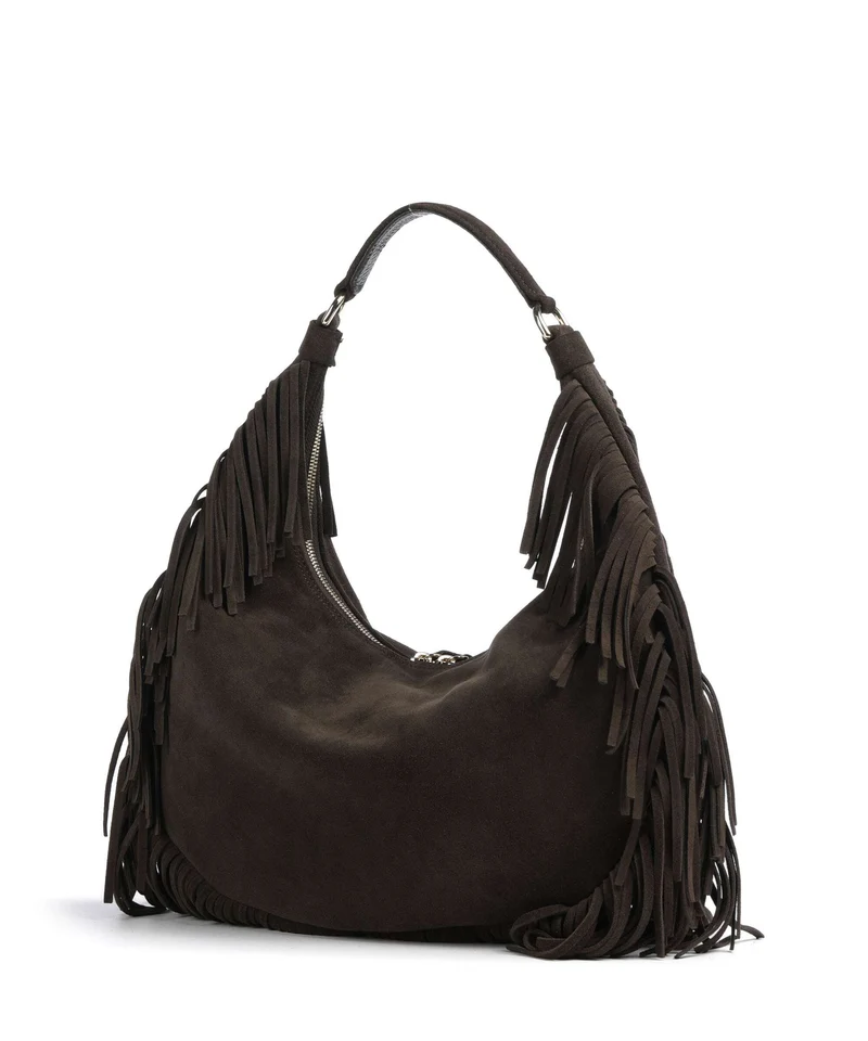 Abro Suede Nana Fringes Beuteltasche dark brown
