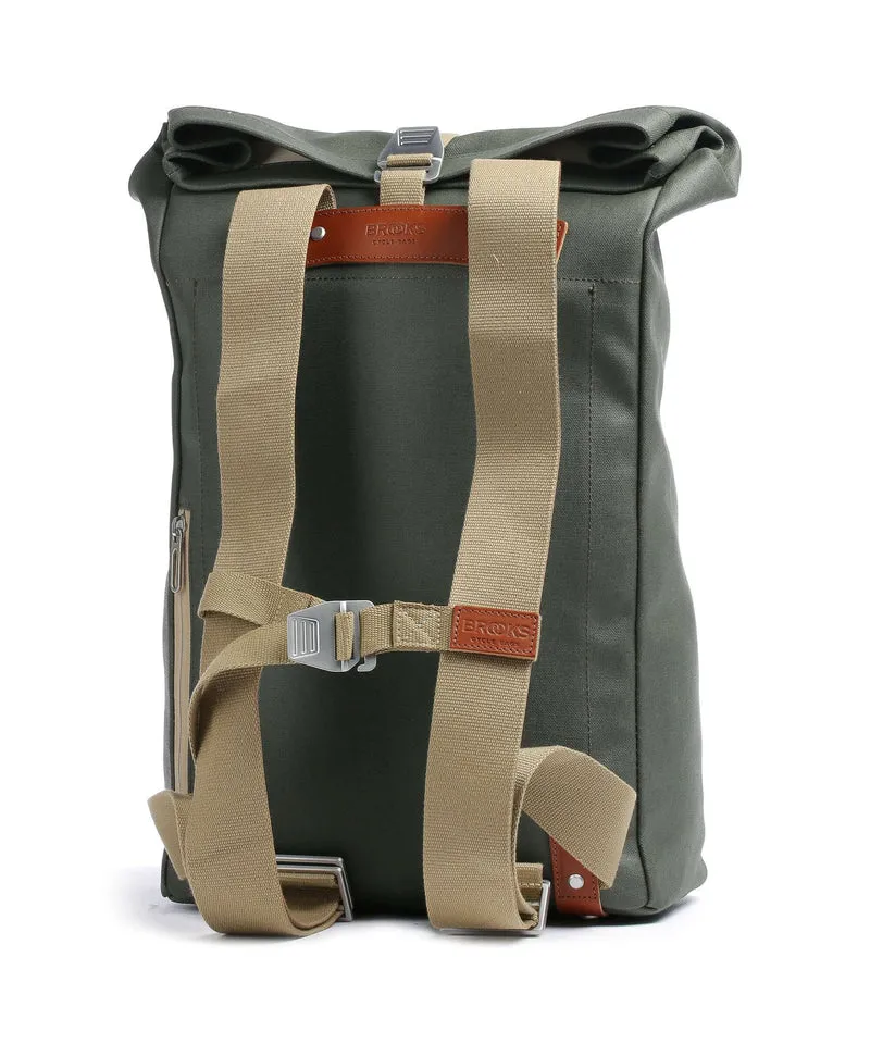 Brooks England Pickwick Cotton Canvas Large Rolltop Rucksack sage green/honey details