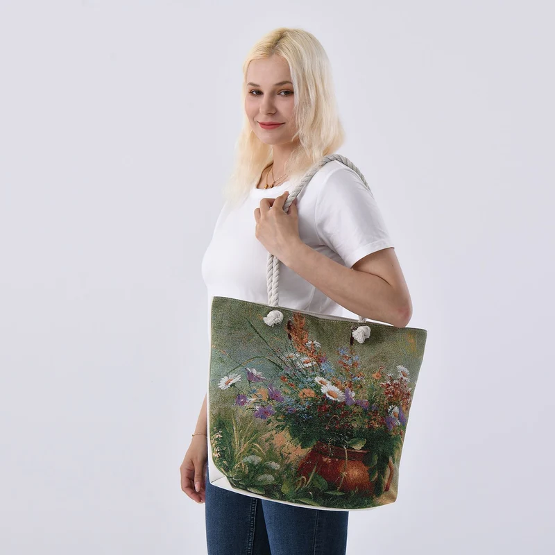 Jacquardgewebte Tasche aus Jute mit Futter, Reißverschluss und verstellbarer Kordel Riemen, 42 x 37 x 34 cm, Blumen
