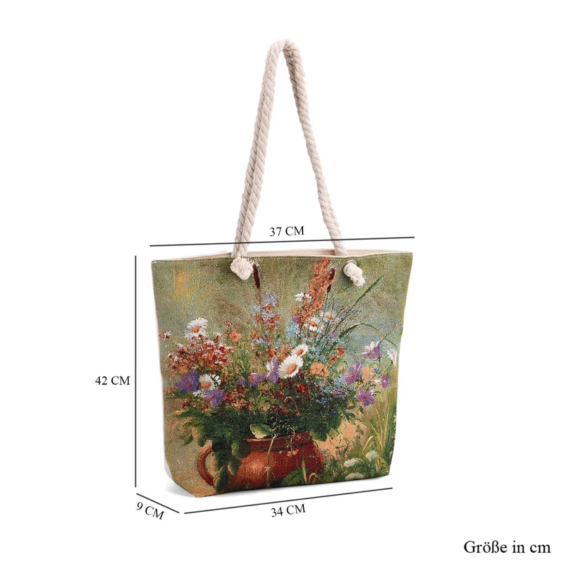 Jacquardgewebte Tasche aus Jute mit Futter, Reißverschluss und verstellbarer Kordel Riemen, 42 x 37 x 34 cm, Blumen