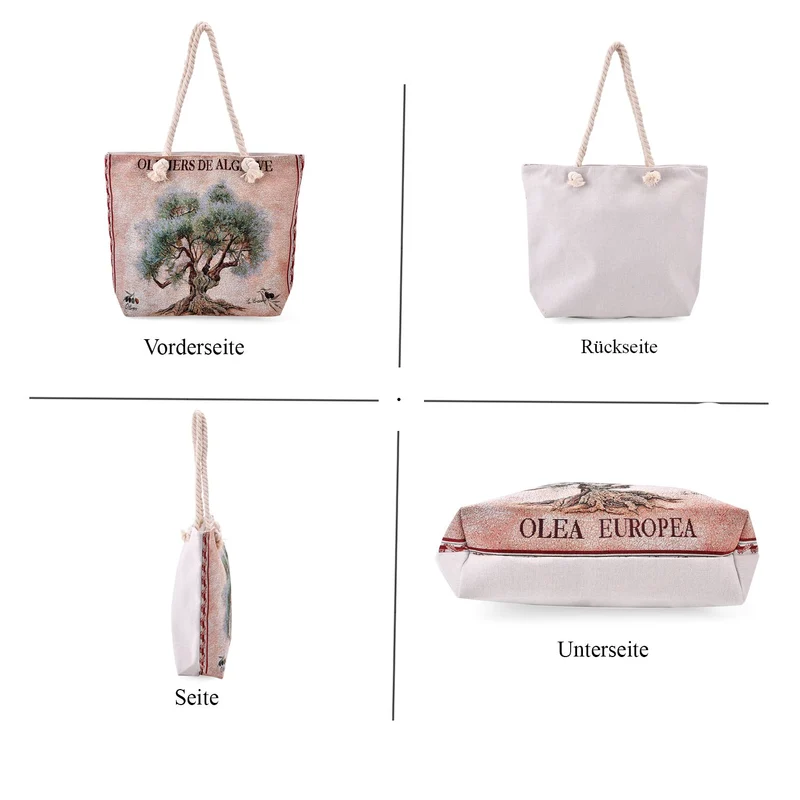 Jacquardgewebte Tasche aus Jute mit Futter, Reißverschluss und verstellbarer Kordel Riemen, 42 x 37 x 34 cm, Blumen