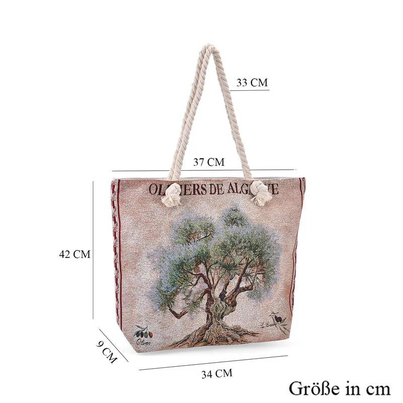 Jacquardgewebte Tasche aus Jute mit Futter, Reißverschluss und verstellbarer Kordel Riemen, 42 x 37 x 34 cm, Blumen