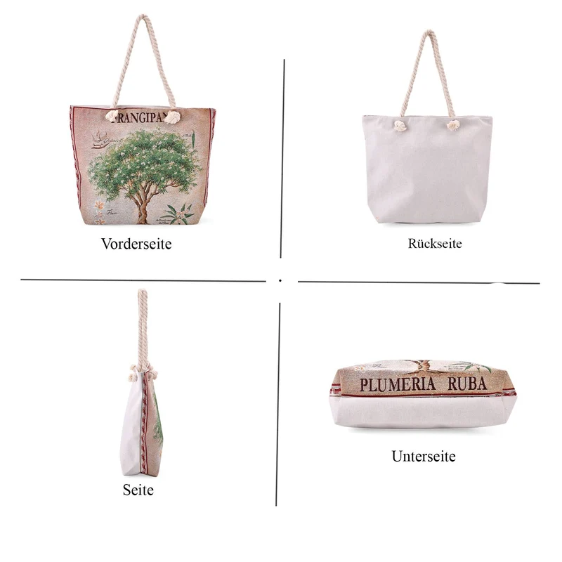 Jacquardgewebte Tasche aus Jute mit Futter, Reißverschluss und verstellbarer Kordel Riemen, 42 x 37 x 34 cm, Blumen