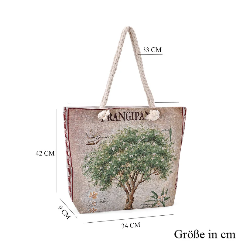 Jacquardgewebte Tasche aus Jute mit Futter, Reißverschluss und verstellbarer Kordel Riemen, 42 x 37 x 34 cm, Blumen