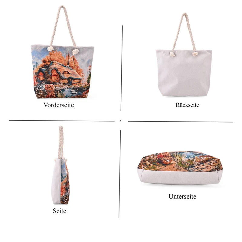 Jacquardgewebte Tasche aus Jute mit Futter, Reißverschluss und verstellbarer Kordel Riemen, 42 x 37 x 34 cm, Blumen