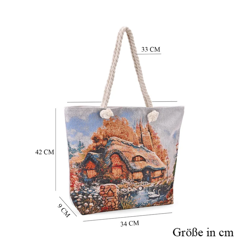 Jacquardgewebte Tasche aus Jute mit Futter, Reißverschluss und verstellbarer Kordel Riemen, 42 x 37 x 34 cm, Blumen