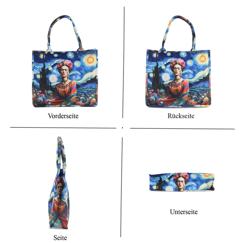 Frida Kahlo und Sternennacht Design Set, Shopper und Handy Umhängetasche, 40 x 12 x 35 cm, Marineblau