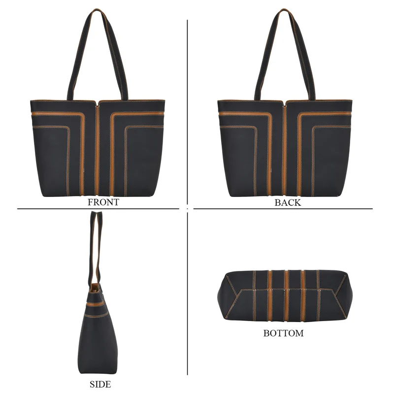 Echtleder Shopper, geometrisches Panel Design, 32 x 12 x 28, Schwarz