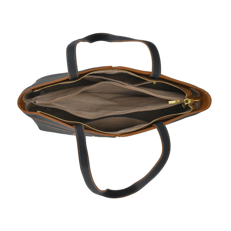 Echtleder Shopper, geometrisches Panel Design, 32 x 12 x 28, Schwarz