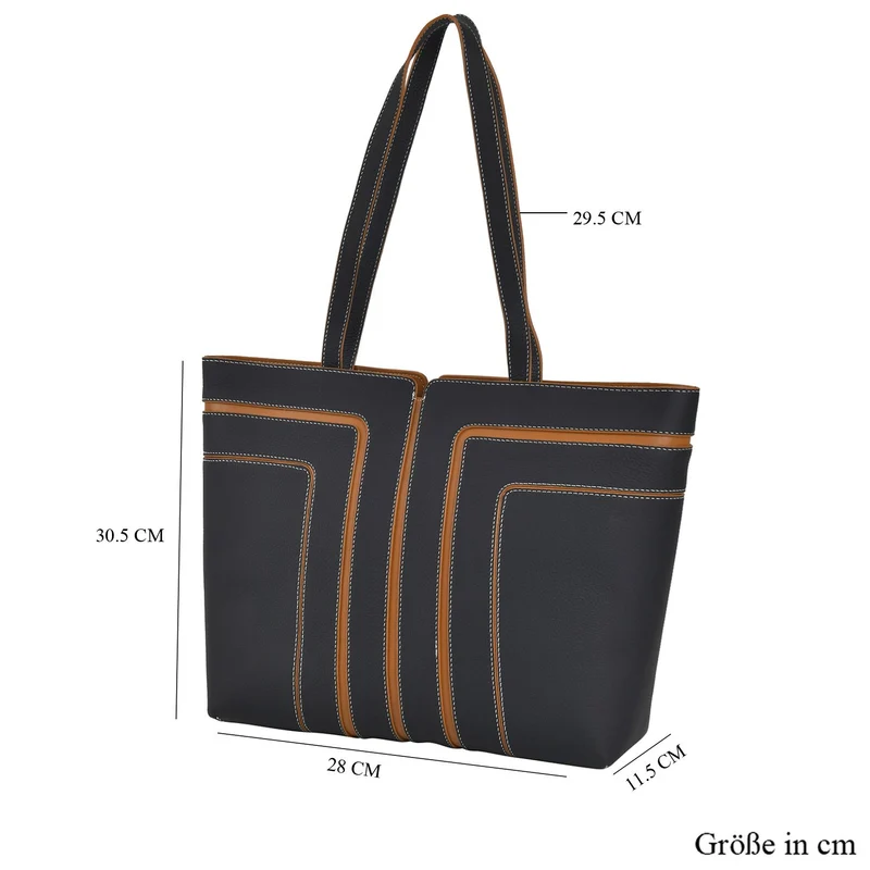 Echtleder Shopper, geometrisches Panel Design, 32 x 12 x 28, Schwarz