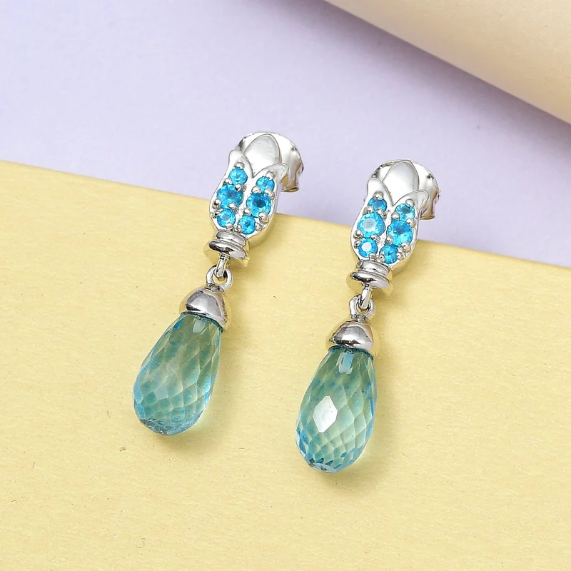 GP Art Déco Kollektion - Himmelblaue Topas, Neon Apatit Ohrringe, 925 Silber platiniert ca. 8.26 ct