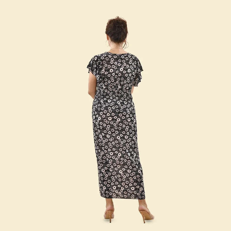 Maxikleid mit gesmokter Taille und Flatterärmeln, One Size, Schwarz
