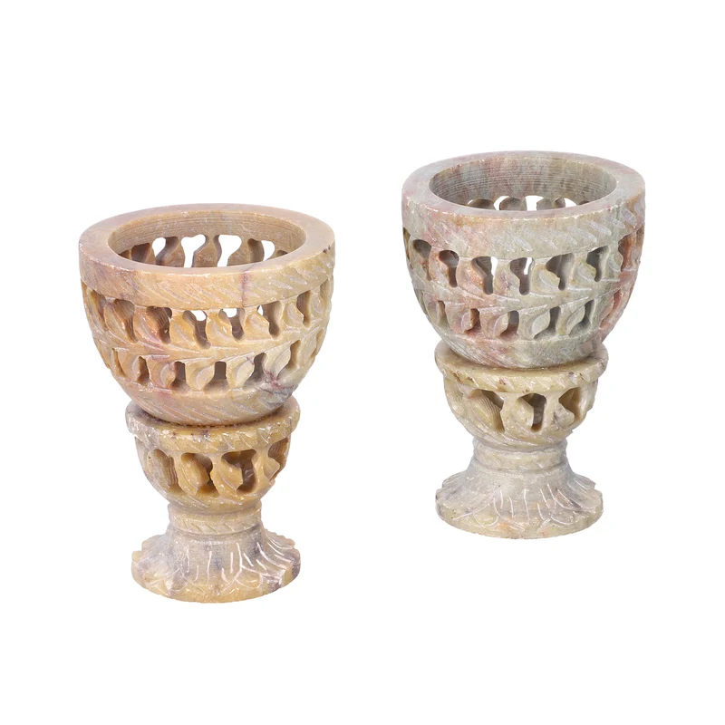 NAKKASHI handgeschnitzter Speckstein Eierbecher, Geometrisches Design, 2 teilig