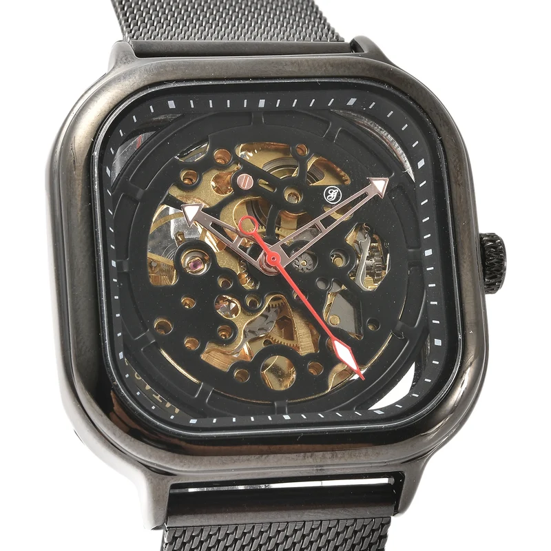 GENOA - Automatikwerk Schwarzes Zifferblatt, Wasserdichte Uhr mit schwarzem Edelstahl-Gewebeband