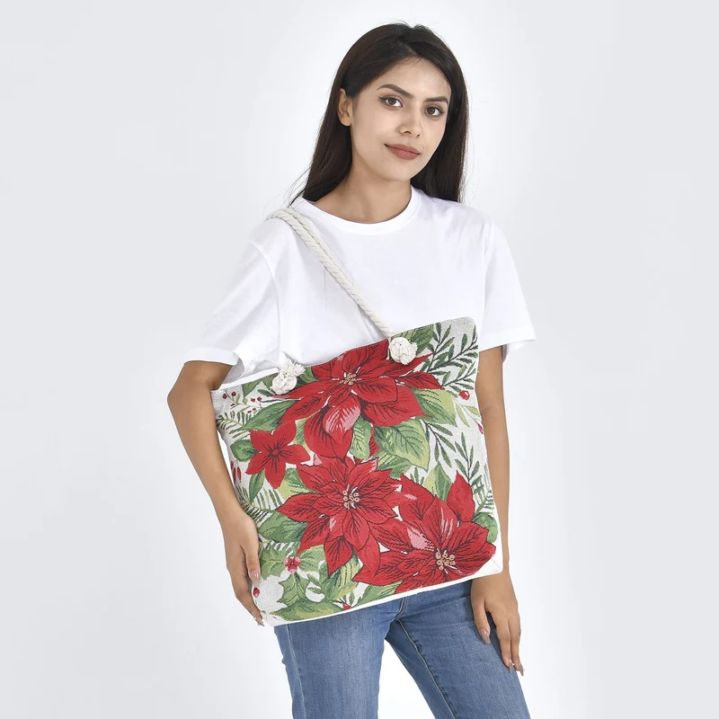 Jacquard gewebte Jute-Tasche mit Amaryllis Design, 42x34 cm