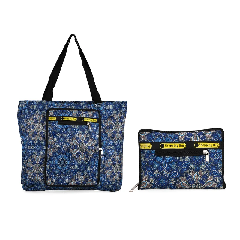 Faltbare Einkaufstasche mit Blumenmuster, aus wasserabweisendem Polyester, mit Innen- und Außentasche, 40x43 cm, Tragegriffe ca. 22 cm, Blau