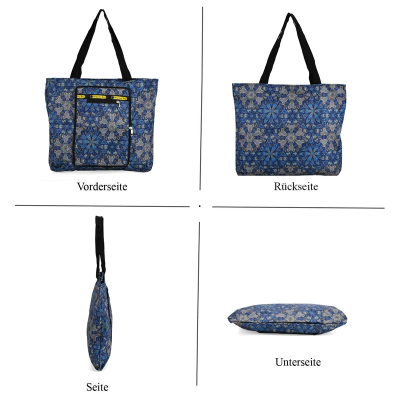 Faltbare Einkaufstasche mit Blumenmuster, aus wasserabweisendem Polyester, mit Innen- und Außentasche, 40x43 cm, Tragegriffe ca. 22 cm, Blau